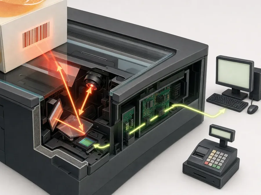 An illustration from the episode: light from a barcode travels through a scanner to a store computer.