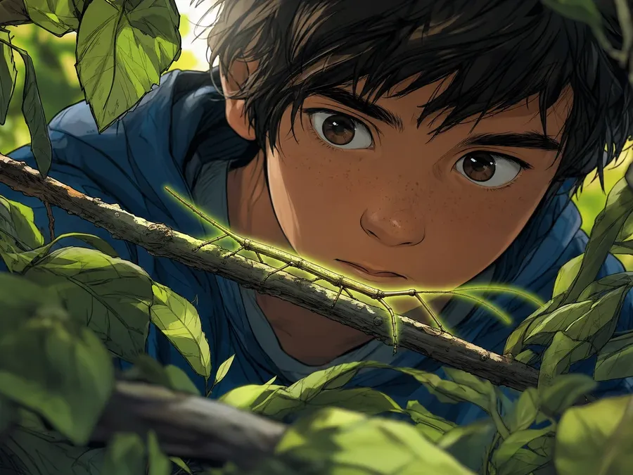 An illustration from the episode: a child looks closely at a twig where a stick insect is hiding.