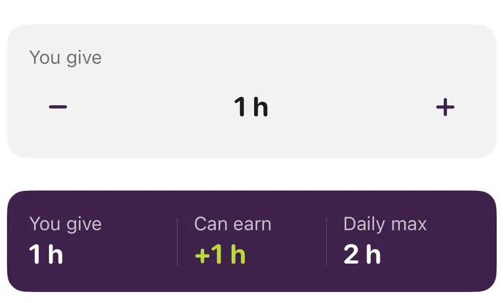 The parent app setting a day to 1 h, showing You give 1 h, Can earn +1 h and Daily max 2 h.