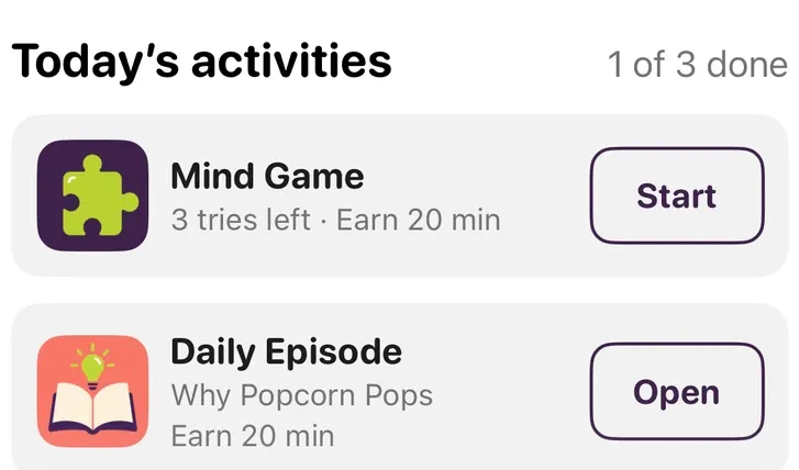 The child's Today screen: Mind Game and Daily Episode, each worth 20 minutes.