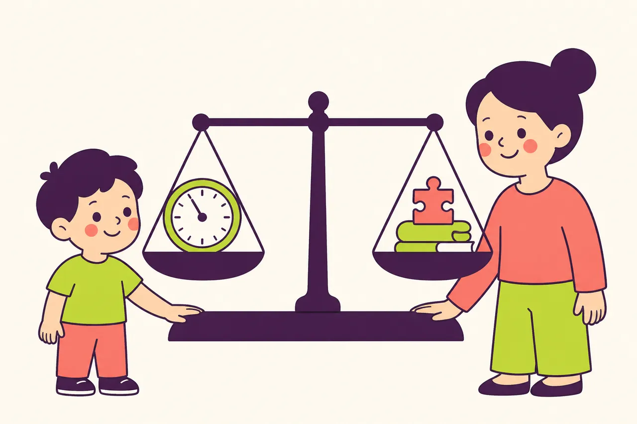 An illustration of level balance scales: a clock on one pan, a book, a puzzle piece and a folded towel on the other, a child and a parent each resting a hand on the base.