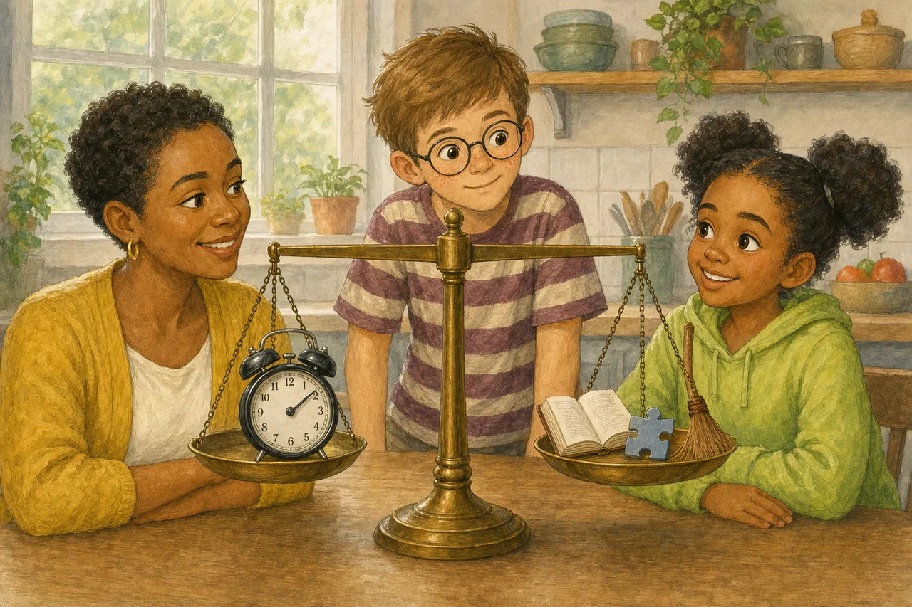 Ilustración de una balanza equilibrada sobre una mesa de cocina: en un platillo hay un reloj; en el otro, un libro abierto, una pieza de rompecabezas y una escoba pequeña. Una mamá y su hija están sentadas una frente a la otra y sonríen; un niño está de pie detrás de la balanza y mira.