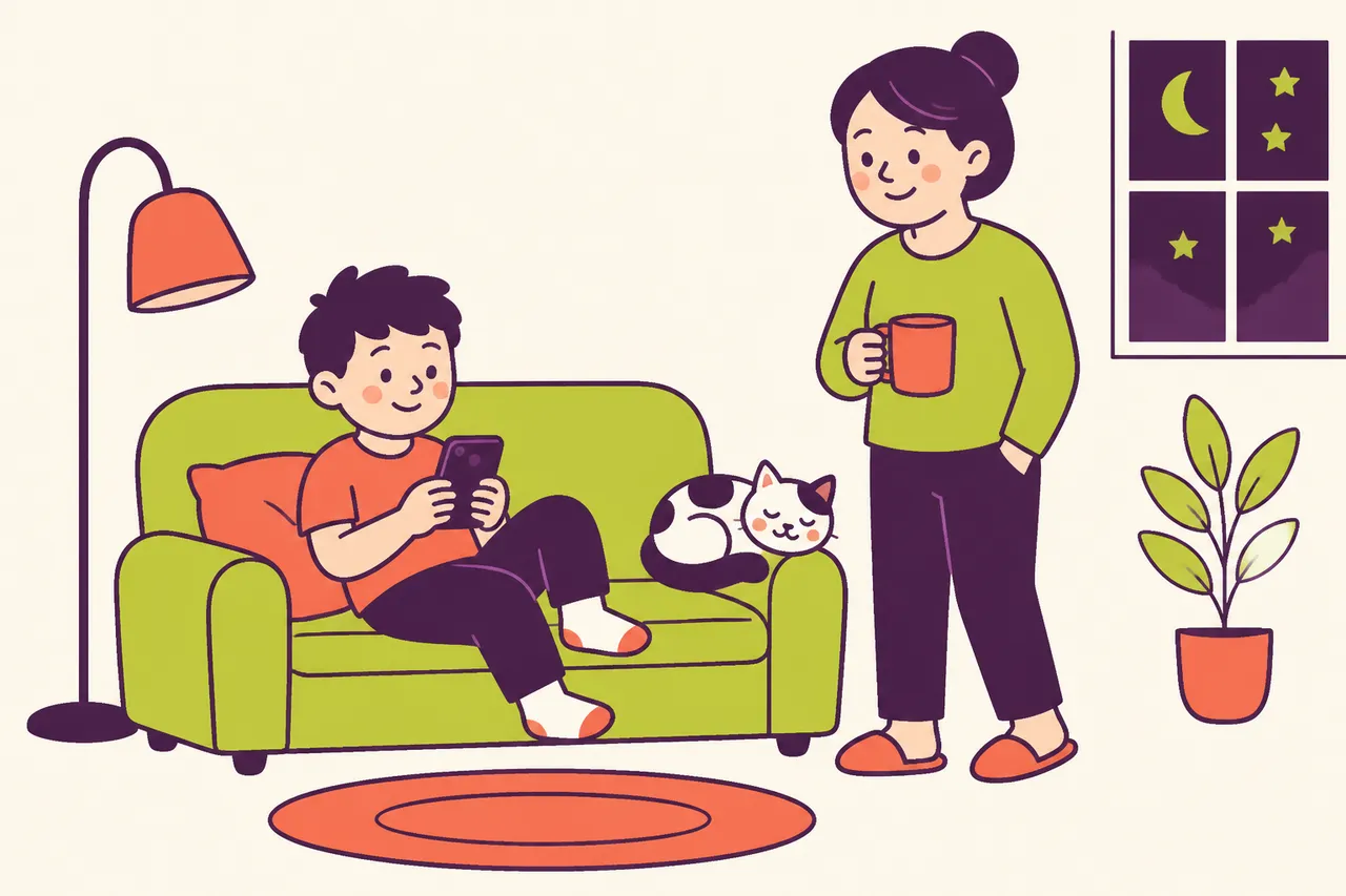 An illustration of an ordinary evening: a child on the couch with a phone, a parent nearby holding a mug, a cat on the armrest.