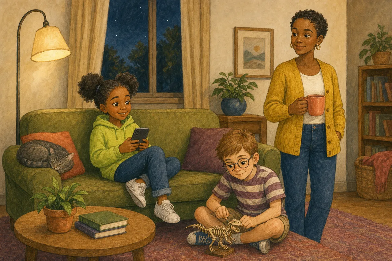 Ilustración de una tarde común en casa: una niña está en el sofá con un celular, su mamá está cerca con una taza, un gato duerme a su lado y un niño juega en la alfombra.