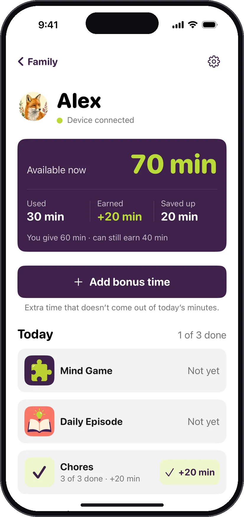 The parent app showing a child's day: 70 minutes available now, an Add bonus time button and today's activities.