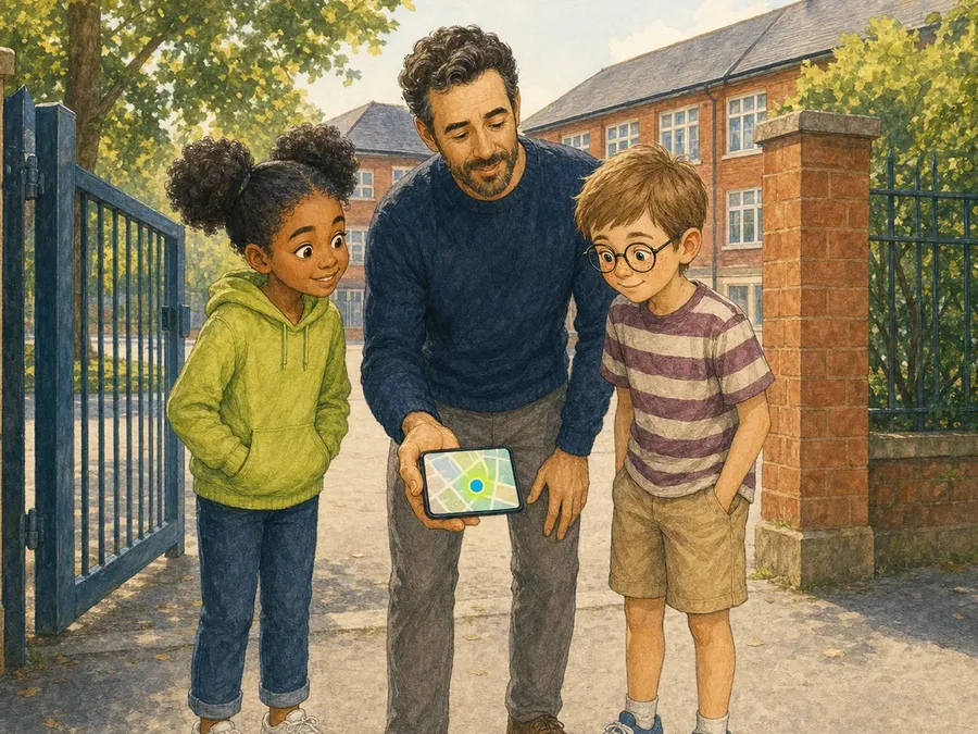 An illustration from the episode: Mia and Max look at a blue dot on Max's dad's phone.
