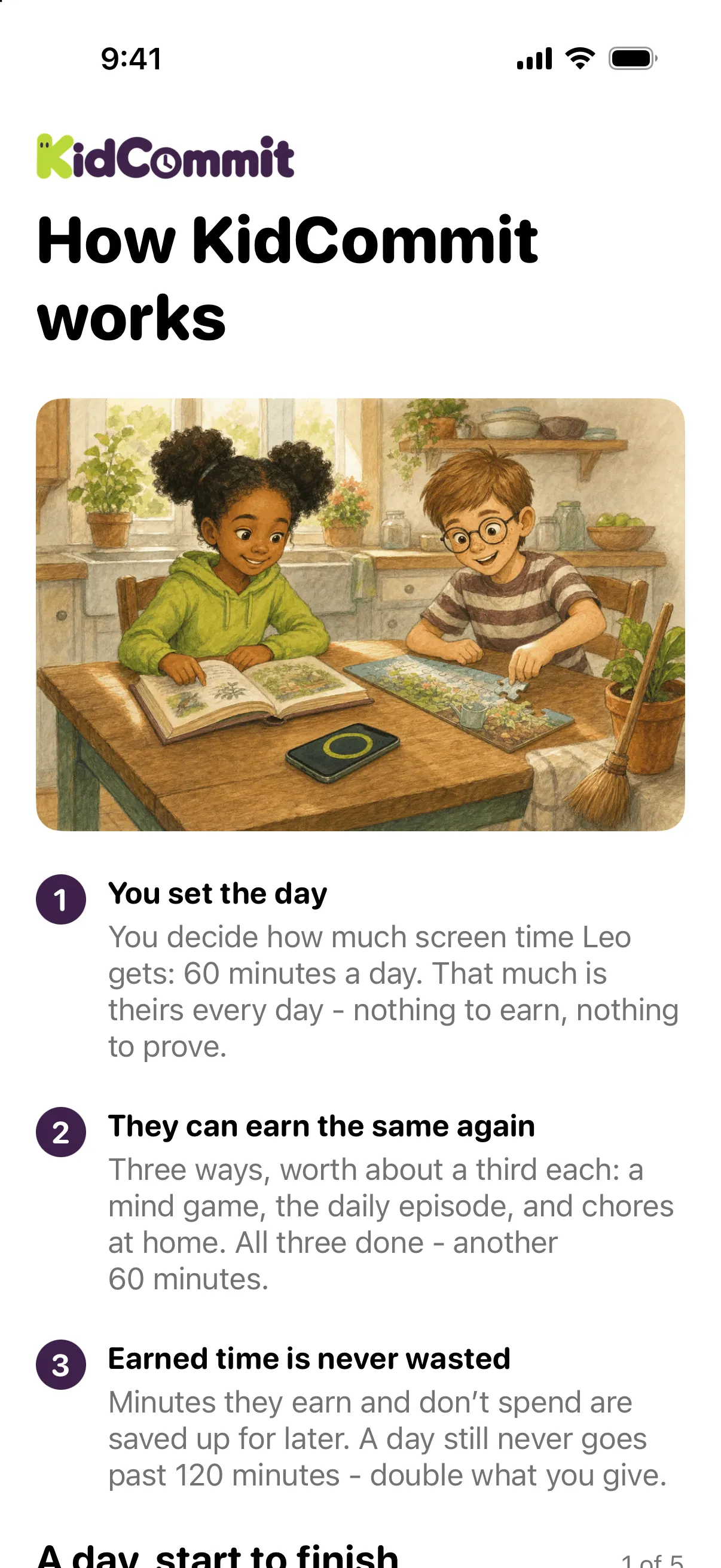 The parent app showing “How KidCommit works”: a picture of two children at a kitchen table and three numbered ideas with your child's numbers.