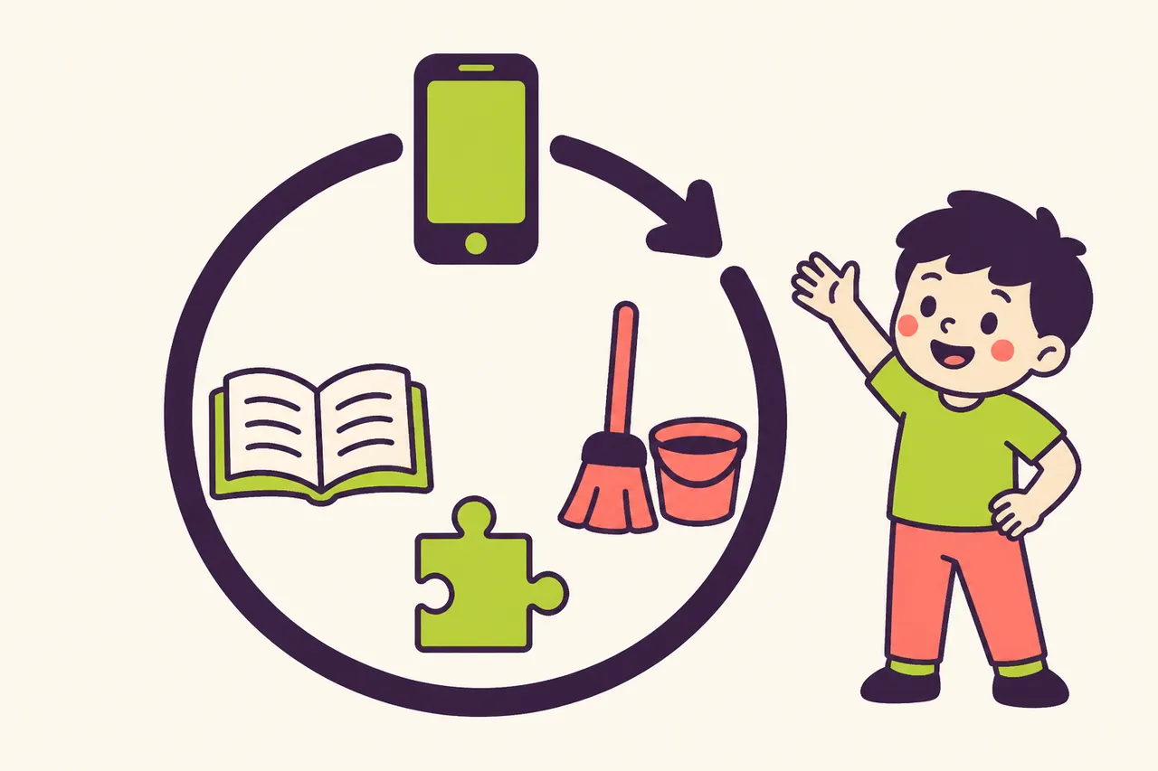 An illustration of a loop: a book, a puzzle piece and a broom inside a circling arrow that leads to a phone.