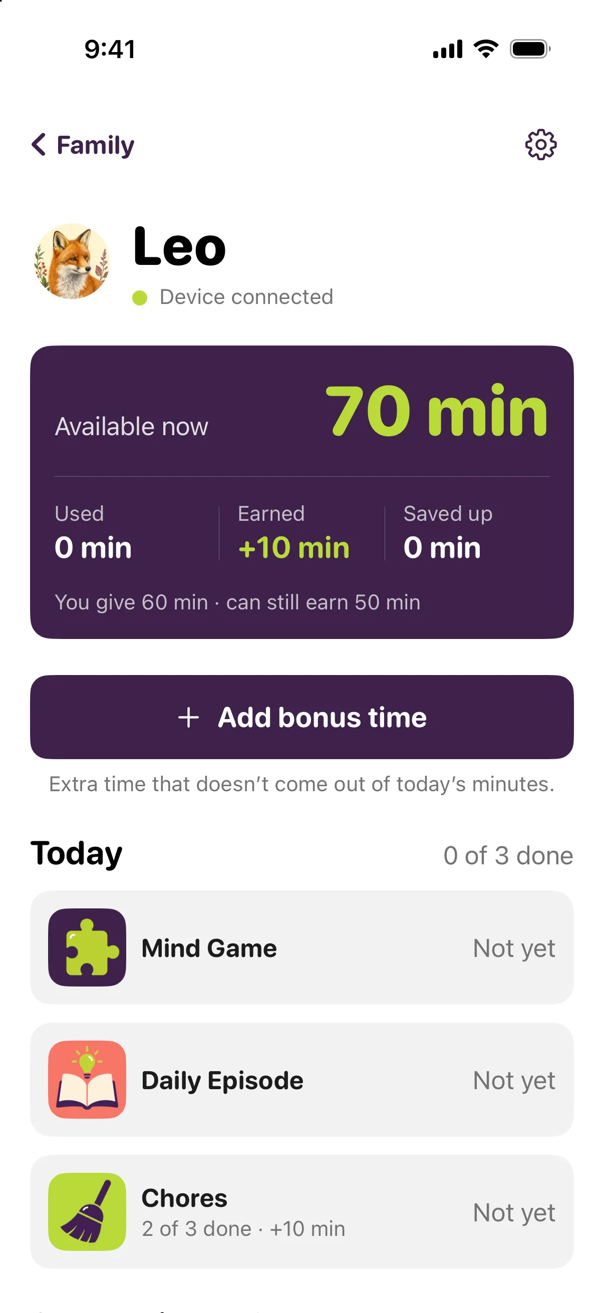 A child's day in the parent app: 70 minutes available now, 0 used, 10 earned, 0 saved up.