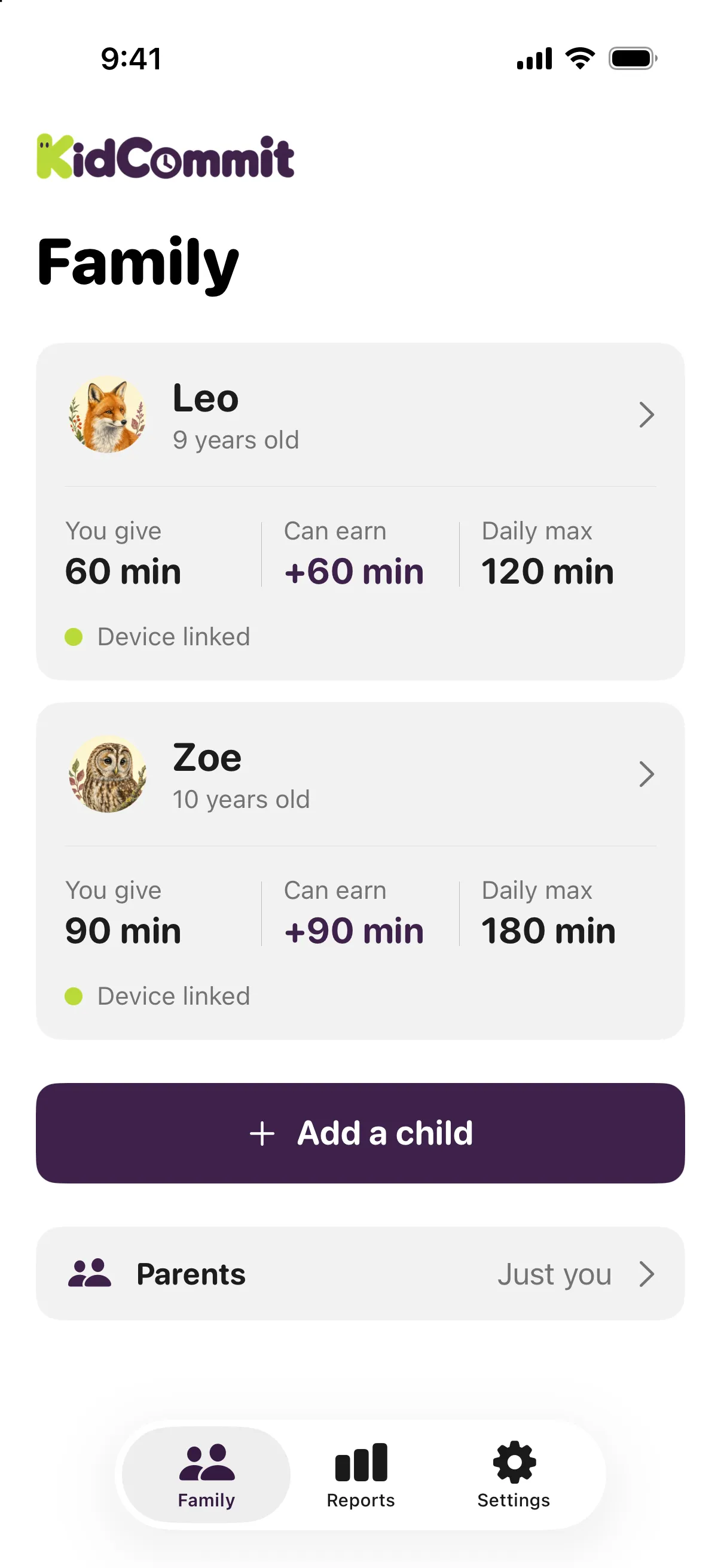 The family screen in the parent app with two children, each showing the minutes given, the minutes they can earn and the daily maximum.