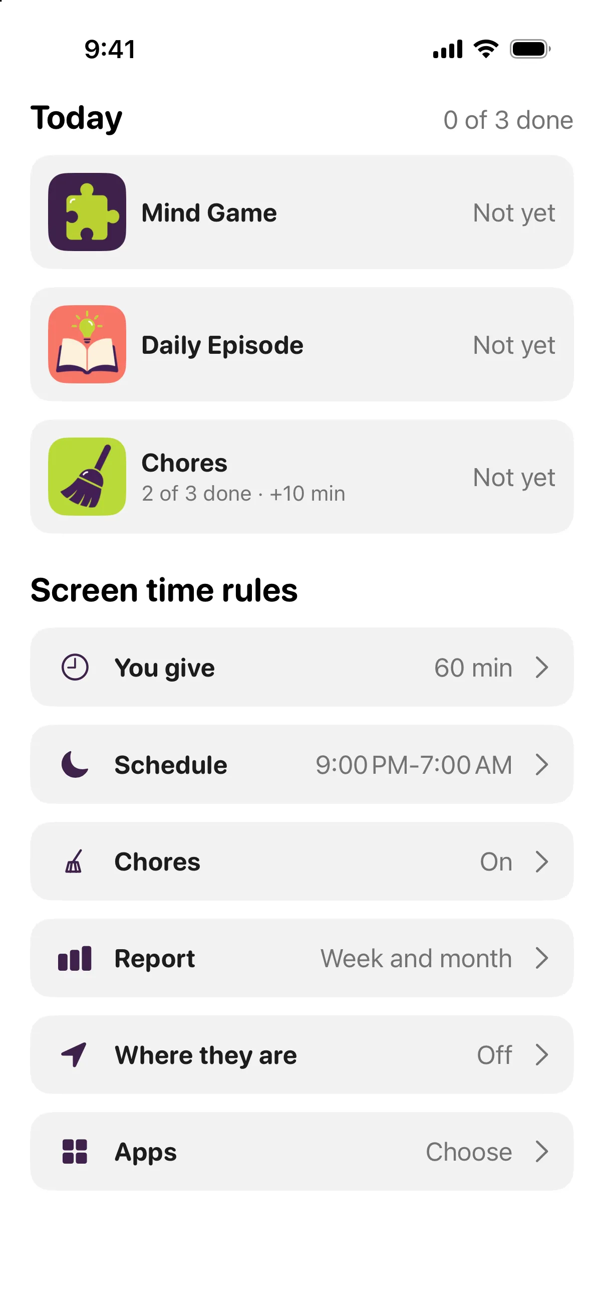 A child's day in the parent app: today's three activities with their results, and the screen time rules below.