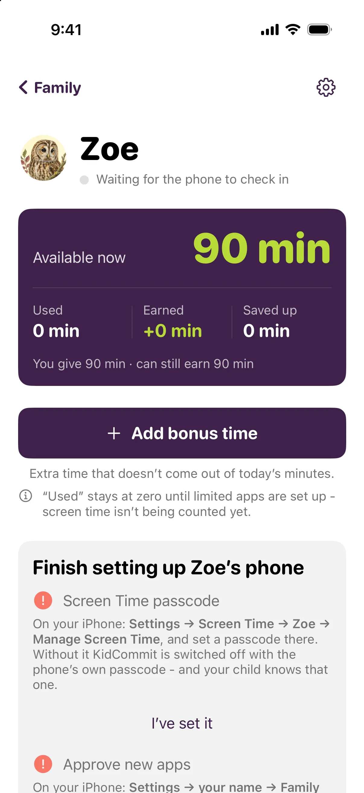 A child's day in the parent app while their phone has not checked in yet, with a card listing what is still to be set up, each missing step marked in red.