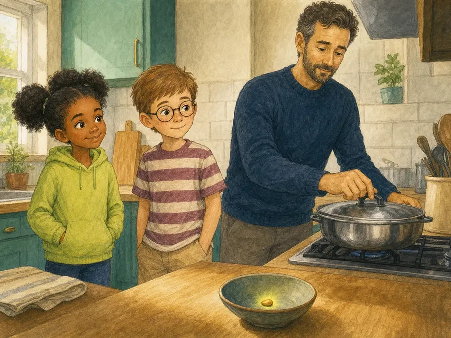 An illustration from the episode: Mia and Max watch a grown-up heat popcorn safely.