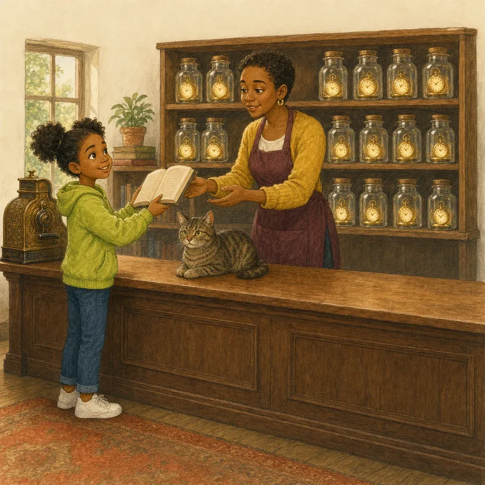 An illustration of a shop called Screen Time Shop: jars of glowing minutes on the shelves, a child at the counter handing over a book, and the shopkeeper smiling behind an old cash register.
